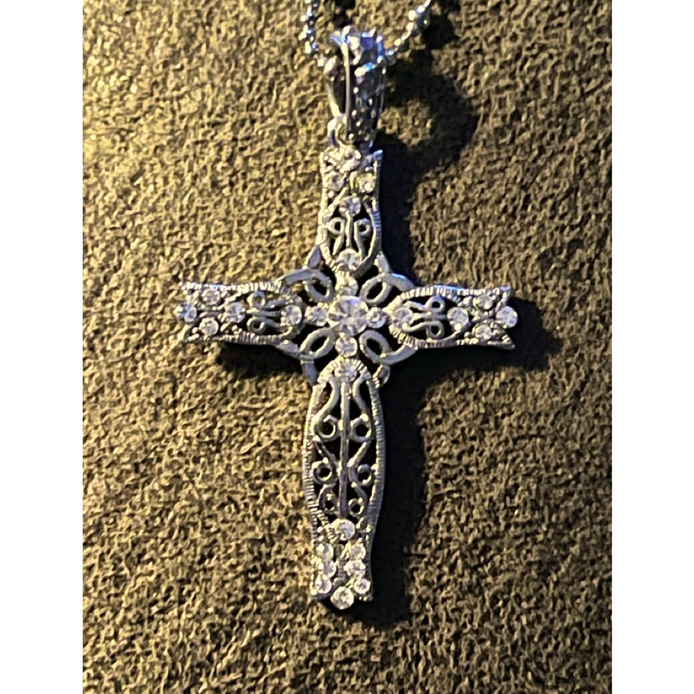 Cookie Lee Silver-Tone Filigree Cross Necklace with Clear Crystals